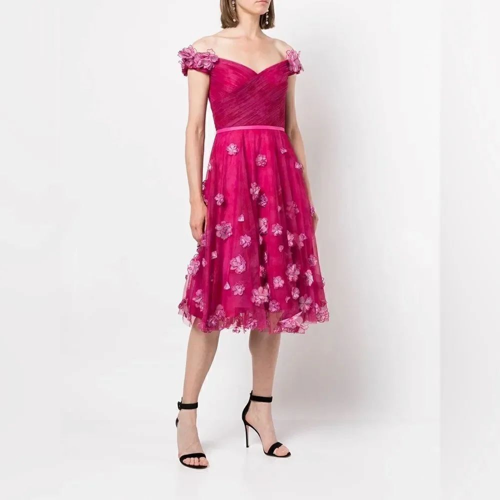 Marchesa Notte floral-appliqué off-shoulder midi dress size 0